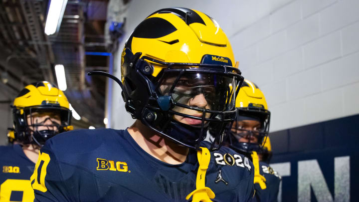 Jan 8, 2024; Houston, TX, USA; Michigan Wolverines linebacker Jimmy Rolder (30) against the Washington Huskies during the 2024 College Football Playoff national championship game at NRG Stadium. Mandatory Credit: Mark J. Rebilas-USA TODAY Sports