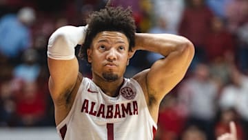 Mar 5, 2025; Tuscaloosa, Alabama, USA; Alabama Crimson Tide guard Mark Sears (1) reacts to receiving a foul against the Florida Gators during the second half at Coleman Coliseum. Mandatory Credit: Will McLelland-Imagn Images