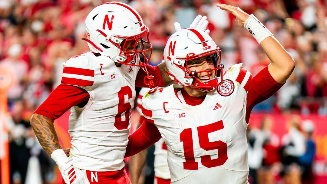 Nebraska quarterback Dylan Raiola (15) celebrates with wide receiver Dane Key after a touchdown against Cincinnati last week.