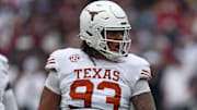 Texas Longhorns defensive linemen Hero Kanu reacts during the first quarter  against the Mississippi State Bulldogs at Davis Wade Stadium at Scott Field.