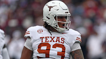 Texas Longhorns defensive linemen Hero Kanu reacts during the first quarter  against the Mississippi State Bulldogs at Davis Wade Stadium at Scott Field.