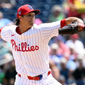 Mar 18, 2024; Clearwater, Florida, USA;Philadelphia Phillies starting pitcher Tyler Phillips (72) throws a pitch in the first inning of the spring training game against the Pittsburgh Pirates  at BayCare Ballpark.