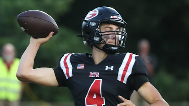 Rye quarterback Carson Miller passes during a game with Monsignor Farrell at Rye Sept. 6, 2024. Rye won 31-21.