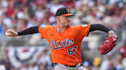 Jul 5, 2025; Cumberland, Georgia, USA; Baltimore Orioles relief pitcher Scott Blewett (67) pitches against the Atlanta Braves during the sixth inning at Truist Park. Mandatory Credit: Dale Zanine-Imagn Images