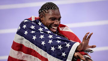 Noah Lyles (USA) celebrates after winning the men’s 100m final during the Paris 2024 Olympic Summer Games at Stade de France in Saint-Denis, France, Sunday, Aug. 4, 2024.