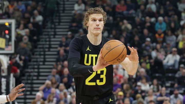 Feb 4, 2024; Salt Lake City, Utah, USA;  Utah Jazz forward Lauri Markkanen (23) passes the ball during the first quarter against the Milwaukee Bucks at Delta Center. Mandatory Credit: Chris Nicoll-USA TODAY Sports