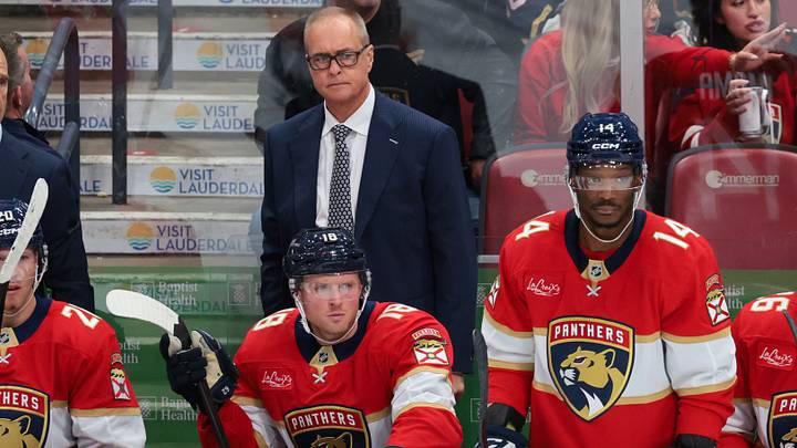 Florida Panthers head coach Paul Maurice watches from the bench against the Vancouver Canucks during the third period at Amerant Bank Arena. Mandatory Credit: Sam Navarro-Imagn Images