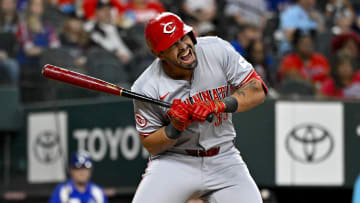 Cincinnati Reds first baseman Christian Encarnacion-Strand (33) reacts to being hit by a pitch