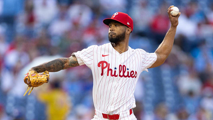 May 7, 2024; Philadelphia, Pennsylvania, USA; Philadelphia Phillies pitcher Cristopher Sanchez (61) throws a pitch during the first inning against the Toronto Blue Jays at Citizens Bank Park. Mandatory Credit: Bill Streicher-USA TODAY Sports