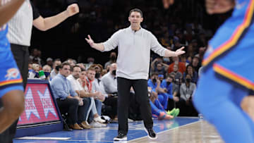 Oct 26, 2021; Oklahoma City, Oklahoma, USA; Oklahoma City Thunder head coach Mark Daigneault reacts after a play against the Golden State Warriors during the second half at Paycom Center. Golden State won 106-98. Mandatory Credit: Alonzo Adams-Imagn Images