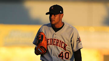 Jun 18, 2013; San Jose, CA, USA; Frederick Keys pitcher Eduardo Rodriguez (40) during the second inning of the California League vs Carolina League All Star Game at San Jose Municipal Stadium.  Mandatory Credit: Kelley L Cox-Imagn Images