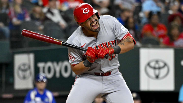 Cincinnati Reds first baseman Christian Encarnacion-Strand (33) reacts to being hit by a pitch