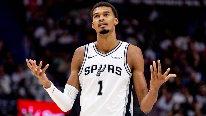 Oct 24, 2025; New Orleans, Louisiana, USA;  San Antonio Spurs forward/center Victor Wembanyama (1) reacts to being fouled by New Orleans Pelicans center Derik Queen (not pictured) during the second half at Smoothie King Center. Mandatory Credit: Stephen Lew-Imagn Images