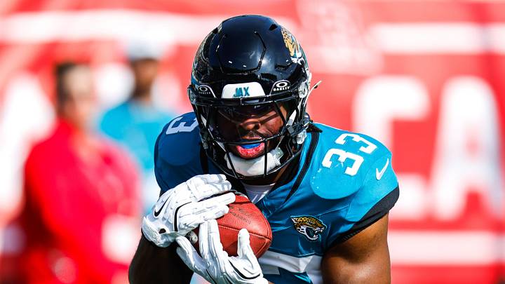 Jacksonville Jaguars running back Bhayshul Tuten (33) returns a kick off return during the first quarter in an NFL football AFC Wild Card playoff matchup, Sunday, Jan. 11, 2026, in Jacksonville, Fla. Bills lead 10-7 at the half over the Jaguars. [Doug Engle/Florida Times-Union]