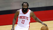 Dec 17, 2020;  Houston, TX, USA; James Harden #13 of the Houston Rockets controls the ball during the first half of a game against the San Antonio Spurs at the Toyota Center on December 17, 2020 in Houston, Texas.     Mandatory Credit: Carmen Mandato/Pool Photo-Imagn Images