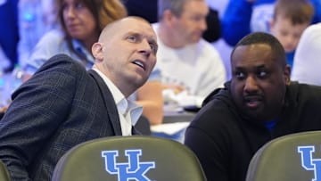 Kentucky’s head coach Mark Pope, left, watches the NCAA Tournament Selection Show inside Rupp Arena Sunday night.
March 16, 2025