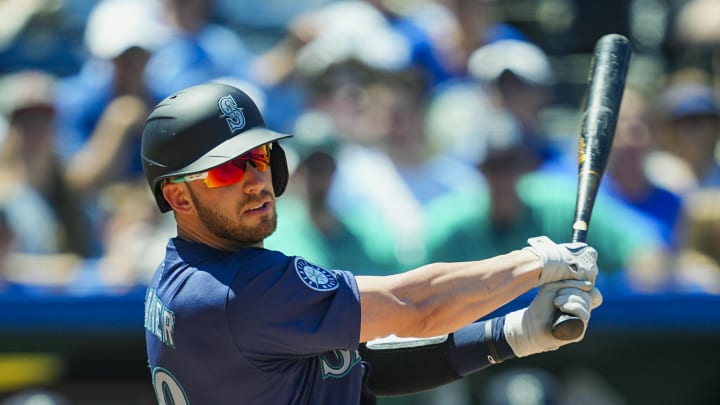 Seattle Mariners catcher Mitch Garver bats during the sixth inning against the Kansas City Royals earlier this season at Kauffman Stadium.