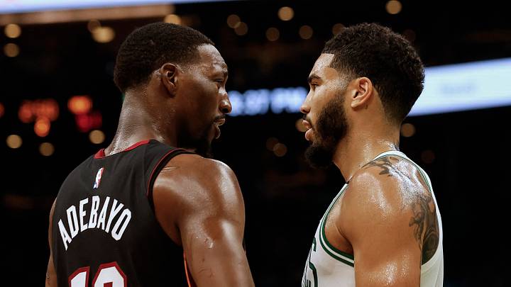 Oct 27, 2023; Boston, Massachusetts, USA; Miami Heat center Bam Adebayo (13) talks with Boston Celtics forward Jayson Tatum (0) during the second quarter at TD Garden. Mandatory Credit: Winslow Townson-USA TODAY Sports