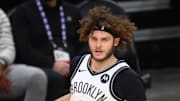 Feb 16, 2021; Phoenix, Arizona, USA; Brooklyn Nets guard Tyler Johnson (10) against the Phoenix Suns at Phoenix Suns Arena. Mandatory Credit: Mark J. Rebilas-Imagn Images