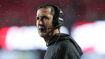 Nov 8, 2025; Madison, Wisconsin, USA;  Wisconsin Badgers head coach Luke Fickell looks on during the third quarter against the Washington Huskies at Camp Randall Stadium. 