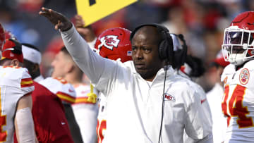 Jan 7, 2024; Inglewood, California, USA; Kansas City Chiefs defensive backs coach Dave Merritt gestures during the first half against the Los Angeles Chargers at SoFi Stadium. Mandatory Credit: Orlando Ramirez-USA TODAY Sports