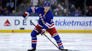 Mar 2, 2025; New York, New York, USA; New York Rangers center Juuso Parssinen (71) skates against the Nashville Predators during the third period at Madison Square Garden. Mandatory Credit: Brad Penner-Imagn Images