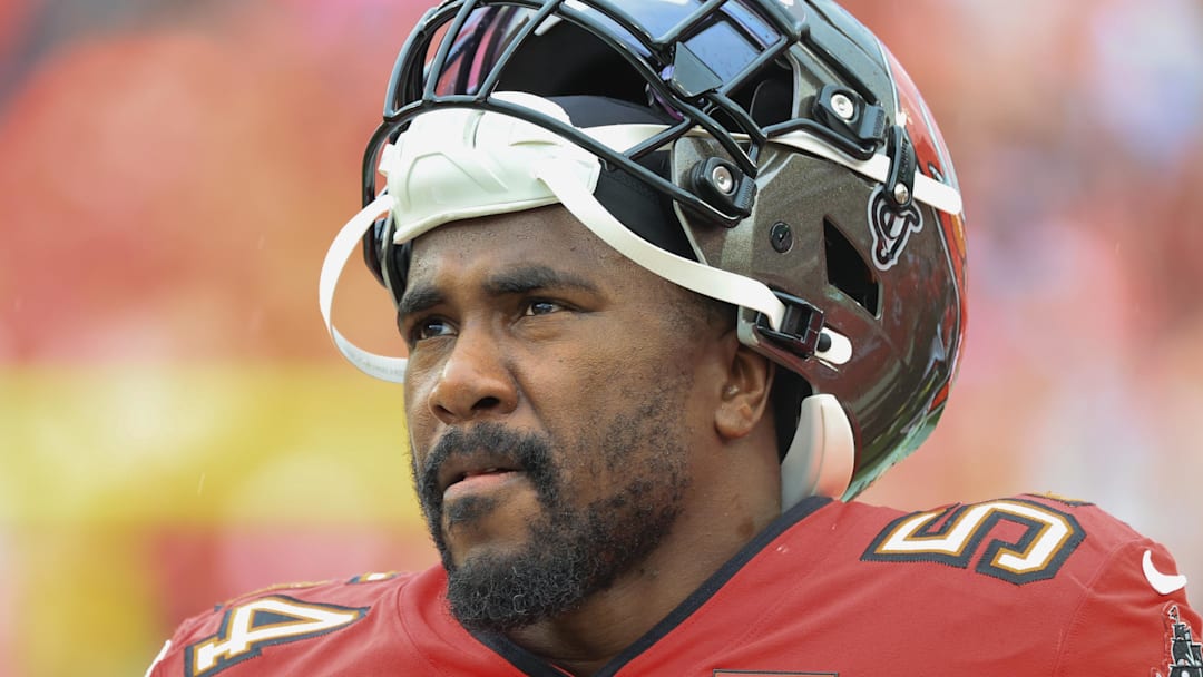 Dec 7, 2025; Tampa, Florida, USA; Tampa Bay Buccaneers linebacker Lavonte David (54) stands on the sidelines during the first quarter against the New Orleans Saints at Raymond James Stadium. Mandatory Credit: Kim Klement Neitzel-Imagn Images