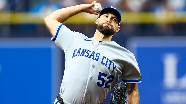 Jun 22, 2026; St. Petersburg, Florida, USA; Kansas City Royals starting pitcher Michael Wacha (52) throws a pitch against the Tampa Bay Rays in the second inning at Tropicana Field. Mandatory Credit: Nathan Ray Seebeck-Imagn Images