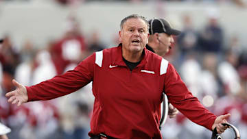 Nov 20, 2021; Tuscaloosa, Alabama, USA; Arkansas Razorbacks head coach Sam Pittman reacts to a call during the first half against the Alabama Crimson Tide at Bryant-Denny Stadium. Mandatory Credit: Butch Dill-Imagn Images