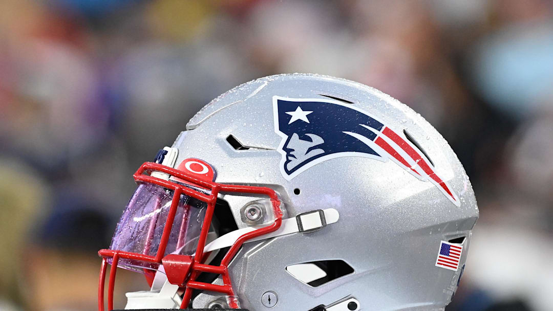 Aug 10, 2023; Foxborough, Massachusetts, USA; A New England Patriots helmet sits on the sideline during the first half against the Houston Texans at Gillette Stadium. Mandatory Credit: Eric Canha-Imagn Images