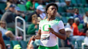 Oregon’s Rodrick Pleasant competes in the preliminaries of the U20 100 meter dash during the Nike Outdoor Nationals & USATF U20 Championships Wednesday, June 12, 2024 at Hayward Field in Eugene, Ore.