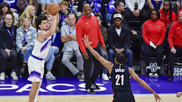 Oct 16, 2025; Salt Lake City, Utah, USA; Utah Jazz guard Walter Clayton Jr. (13) takes a three point shot over Portland Trail Blazers guard/forward Rayan Rupert (21) during the second half at Delta Center. Mandatory Credit: Peter Creveling-Imagn Images