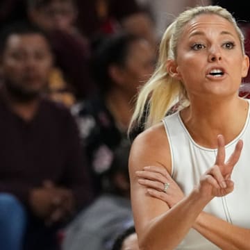 ASU Sun Devils head coach Molly Miller yells out to her team as they play the Coppin State Bald Eagles at Desert Financial Arena on Nov. 3, 2025.