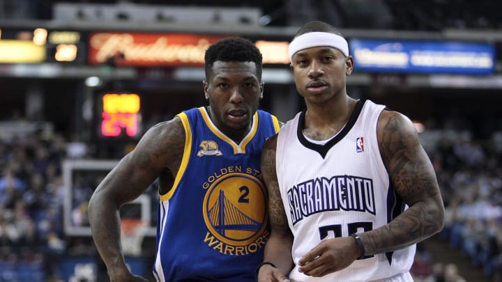 February 4, 2012; Sacramento, CA, USA; Sacramento Kings point guard Isaiah Thomas (22) and Golden State Warriors point guard Nate Robinson (2) before the inbound pass during the second quarter at Power Balance Pavilion. Mandatory Credit: Kelley L Cox-USA TODAY Sports