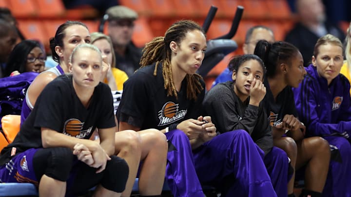 Sep 12, 2014; Chicago, IL, USA; Phoenix Mercury player Brittney Griner on the bench during the first quarter in game three of the 2014 WNBA Finals against the Chicago Sky at UIC Pavilion. Mandatory Credit: Jerry Lai-Imagn Images