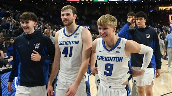  Creighton Bluejays guard Ty Davis (9) and forward Isaac Traudt (41)