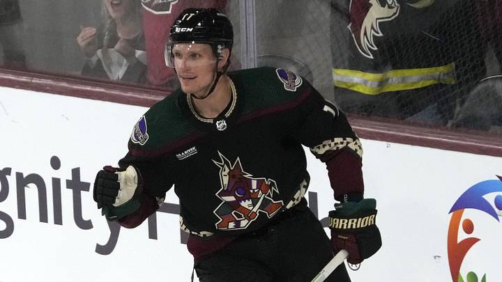 Mar 26, 2024; Tempe, Arizona, USA; Arizona Coyotes center Nick Bjugstad (17) reacts after scoring a goal against the Columbus Blue Jackets in the third period at Mullett Arena. Mandatory Credit: Rick Scuteri-Imagn Images