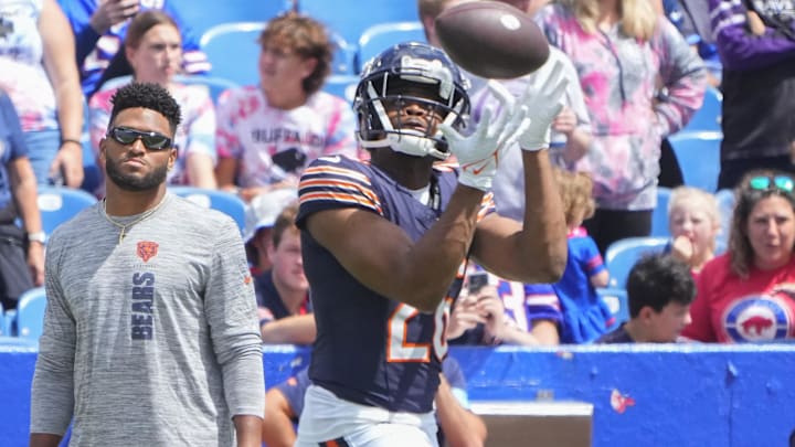 Aug 10, 2024; Orchard Park, New York, USA; Chicago Bears safety Quindell Johnson (26) warms up prior to the game against the Buffalo Bills at Highmark Stadium. Mandatory Credit: Gregory Fisher-Imagn Images