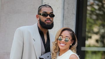 New York Knicks star Karl-Anthony Towns poses with his girlfriend, influencer Jordyn Woods. 