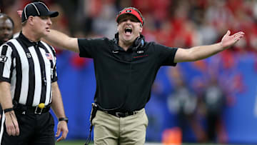 Jan 1, 2020; New Orleans, Louisiana, USA; Georgia Bulldogs head coach Kirby Smart yells at a referee after a penalty in the second half against the Baylor Bears at the Sugar Bowl at the Mercedes-Benz Superdome. Mandatory Credit: Chuck Cook-Imagn Images