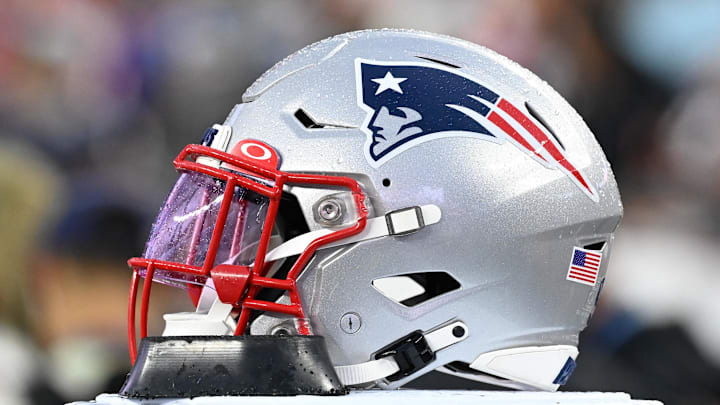 Aug 10, 2023; Foxborough, Massachusetts, USA; A New England Patriots helmet sits on the sideline during the first half against the Houston Texans at Gillette Stadium.
