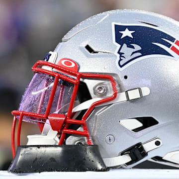 Aug 10, 2023; Foxborough, Massachusetts, USA; A New England Patriots helmet sits on the sideline during the first half against the Houston Texans at Gillette Stadium. Mandatory Credit: Eric Canha-Imagn Images