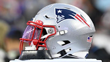 Aug 10, 2023; Foxborough, Massachusetts, USA; A New England Patriots helmet sits on the sideline during the first half against the Houston Texans at Gillette Stadium. Mandatory Credit: Eric Canha-Imagn Images