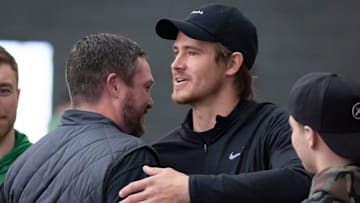 Oregon coach Dan Lanning has been very intentional about inviting alumni back into the program and connecting current players and recruits with the Pro Ducks. Moshofsky Center in Eugene, Ore.