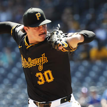 Aug 28, 2024; Pittsburgh, Pennsylvania, USA;  Pittsburgh Pirates starting pitcher Paul Skenes (30) pitches against the Chicago Cubs during the fourth inning at PNC Park. Mandatory Credit: Charles LeClaire-Imagn Images