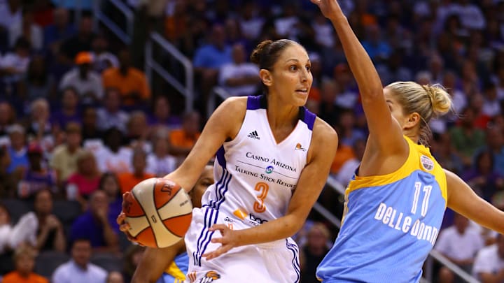 Sep 7, 2014; Phoenix, AZ, USA; Phoenix Mercury guard Diana Taurasi (3) passes the ball under pressure from Chicago Sky guard Elena Delle Donne (11) during game one of the WNBA Finals at US Airways Center. The Mercury defeated the Sky 83-62. Mandatory Credit: Mark J. Rebilas-Imagn Images
Sep 7, 2014; Phoenix, AZ, USA; Phoenix Mercury guard Diana Taurasi (3) passes the ball under pressure from Chicago Sky guard Elena Delle Donne (11) during game one of the WNBA Finals at US Airways Center. The Mercury defeated the Sky 83-62. Mandatory Credit: Mark J. Rebilas-Imagn Images