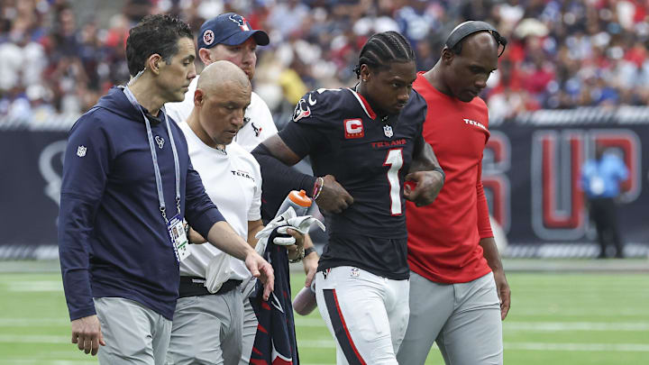 Houston Texans wide receiver Stefon Diggs walks off the field after an injury against the Indianapolis Colts in an NFL game
