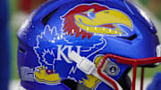 Oct 25, 2025; Lawrence, Kansas, USA; A general view of a Kansas Jayhawks helmet prior to a game against the Kansas State Wildcats at David Booth Kansas Memorial Stadium. 