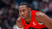 Toronto Raptors guard RJ Barrett (9) during a stop in play against the Denver Nuggets in the first half at Rogers Arena.