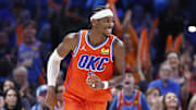 Nov 11, 2024; Oklahoma City, Oklahoma, USA; Oklahoma City Thunder guard Shai Gilgeous-Alexander (2) smiles after scoring against the Los Angeles Clippers during the fourth quarter at Paycom Center. Mandatory Credit: Alonzo Adams-Imagn Images
